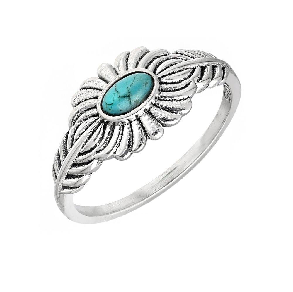 Blue Mohave Turquoise Solitaire Ring | 925 Sterling Silver Feather Setting